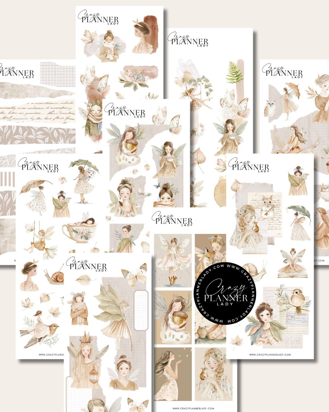 Enchanted Beige Fairies Sticker Set – 9 Sticker Sheets for Bujo, Scrapbooks & DIY Crafts