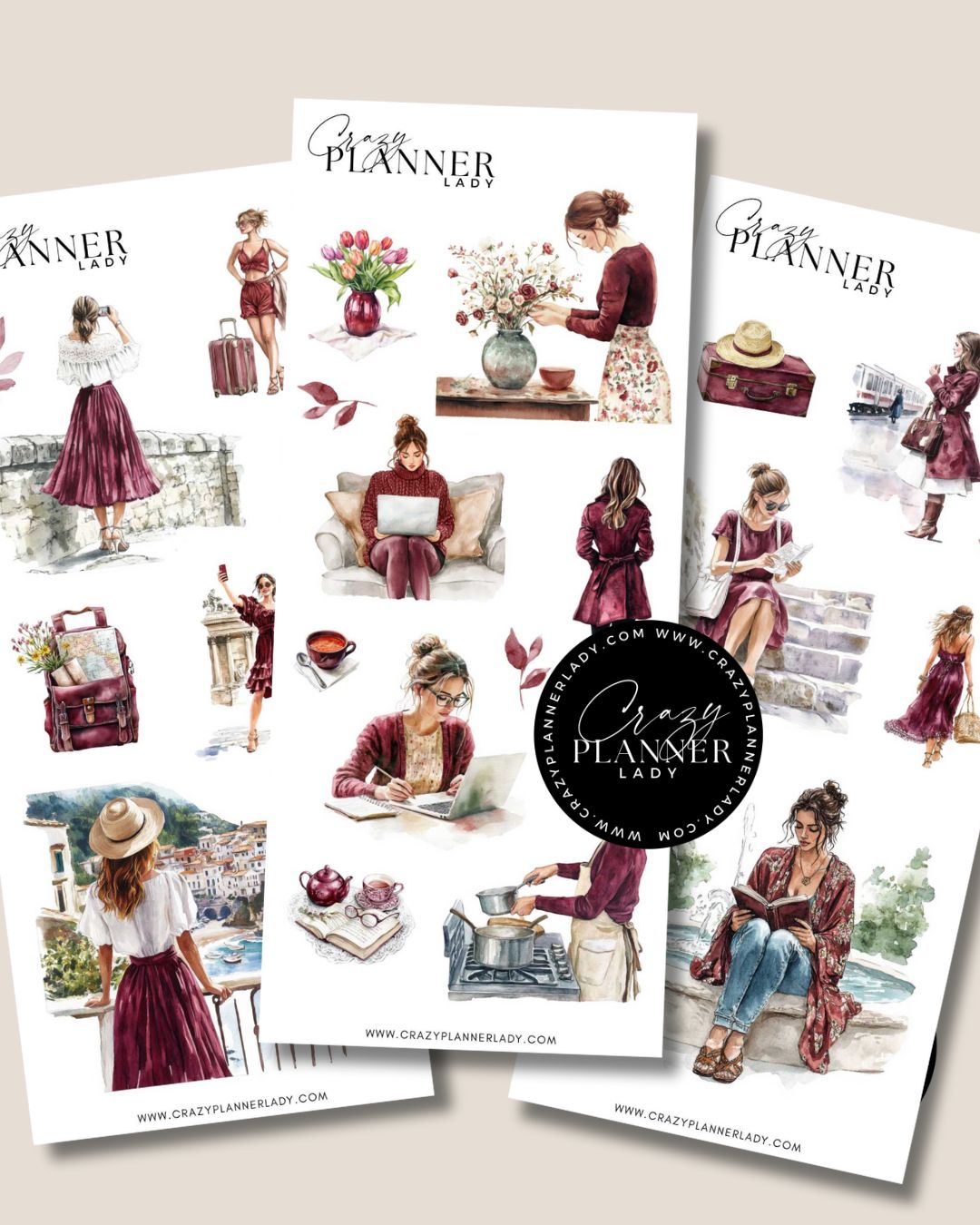 Burgandy Sticker Set – 3 Sticker Sheets for Bujo, Scrapbooks & DIY Crafts