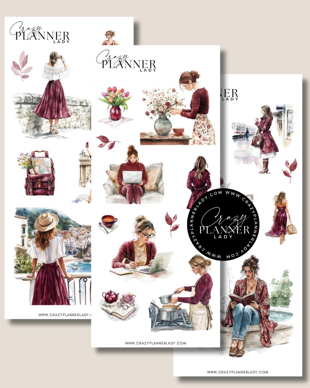 Burgandy Sticker Set – 3 Sticker Sheets for Bujo, Scrapbooks & DIY Crafts