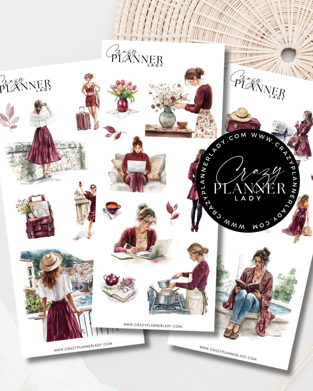 Burgandy Sticker Set – 3 Sticker Sheets for Bujo, Scrapbooks & DIY Crafts
