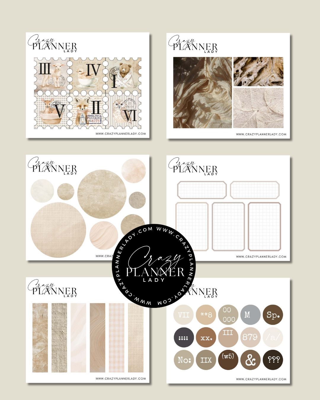 Beige Mini Sticker Set – 6 MINI Sticker Sheets for Bujo, Scrapbooks & DIY Crafts