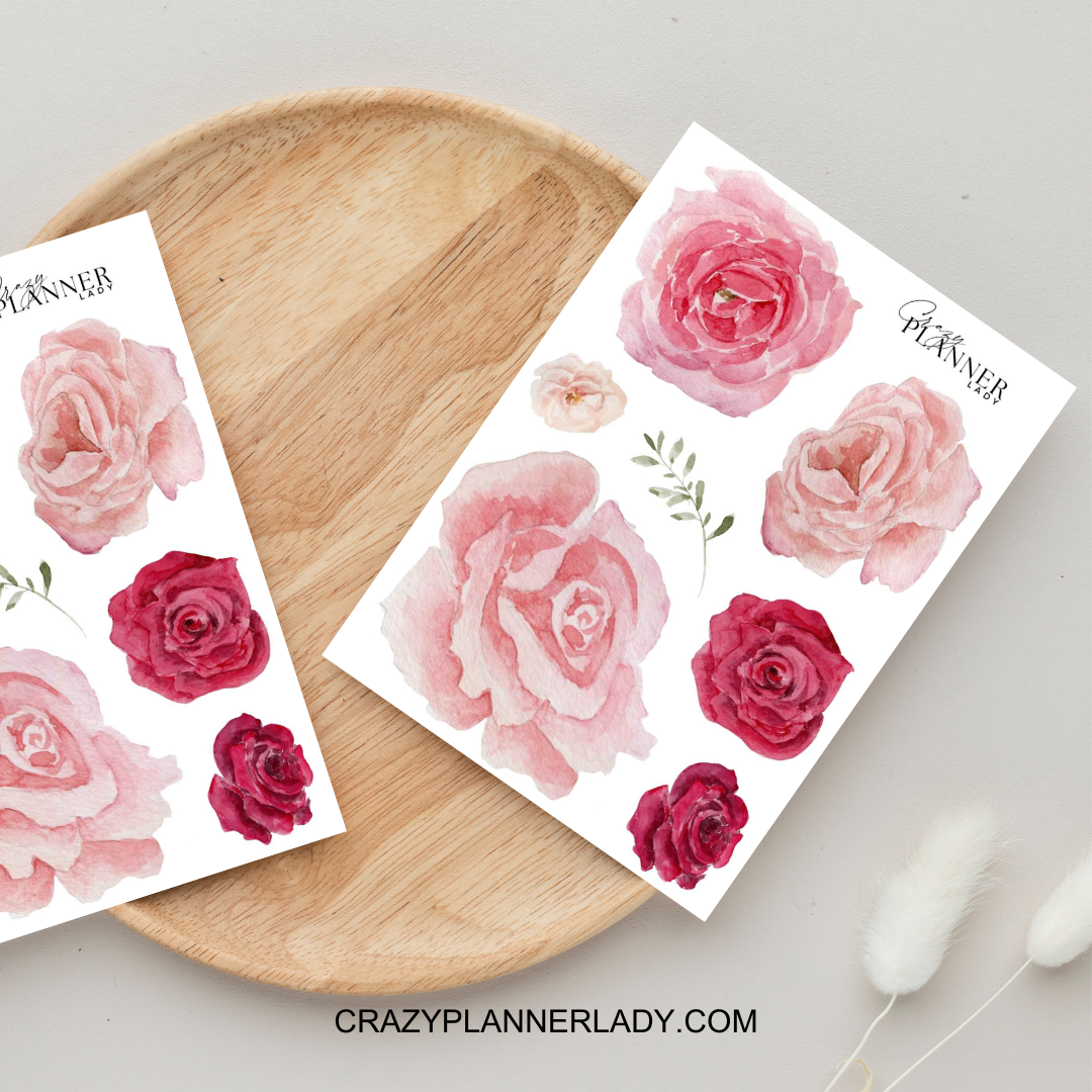 Sticker sheet with large pink peonies and roses for bold journaling decor