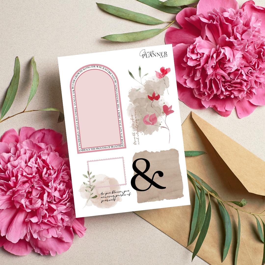 Blush pink journaling stickers with a mirror and ampersand design