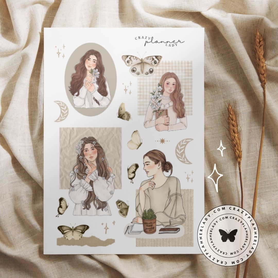 Sticker sheet with soft-toned illustrations of women, butterflies, moons, and neutral texture backgrounds in an earthy aesthetic.