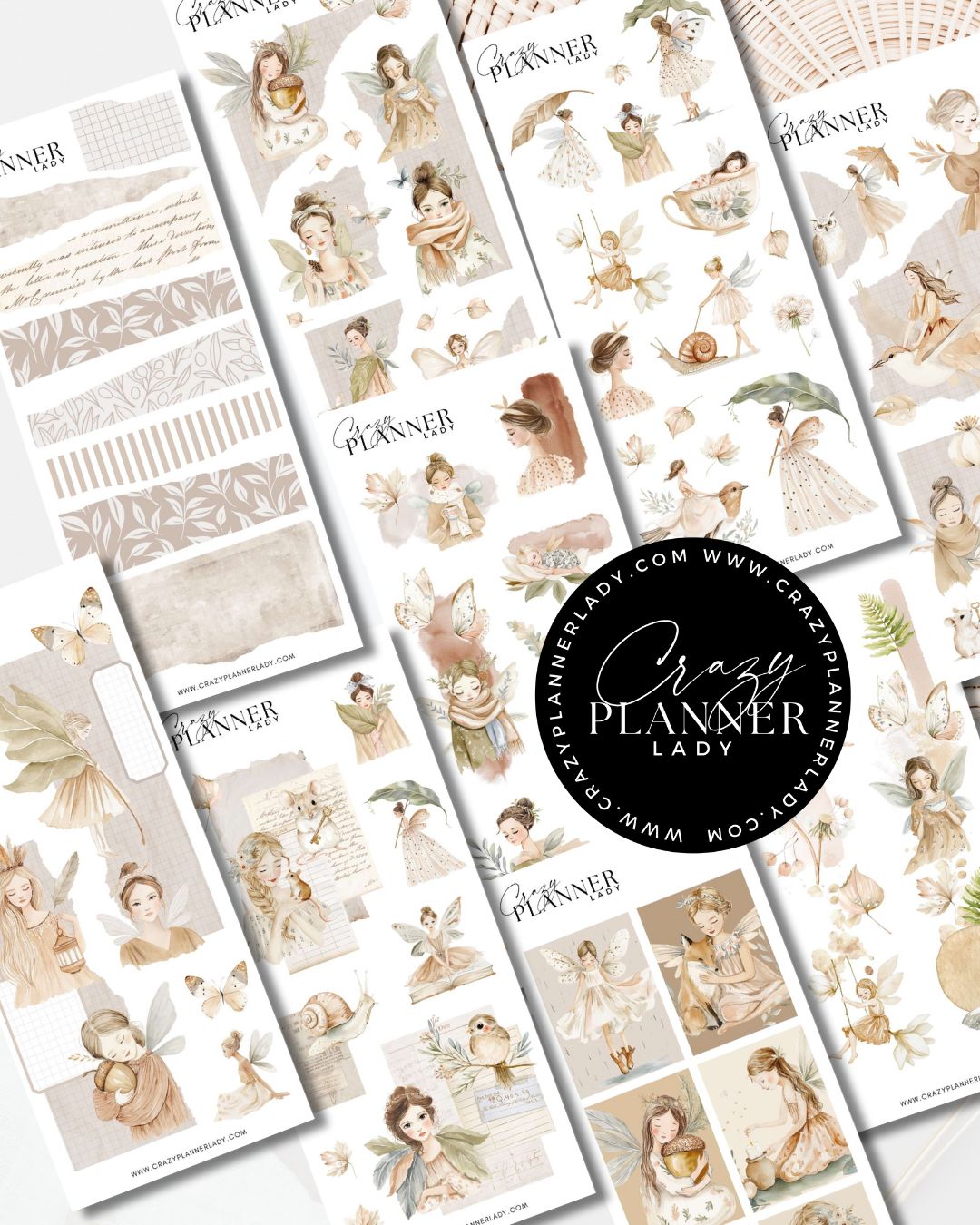 Enchanted Beige Fairies Sticker Set – 9 Sticker Sheets for Bujo, Scrapbooks & DIY Crafts