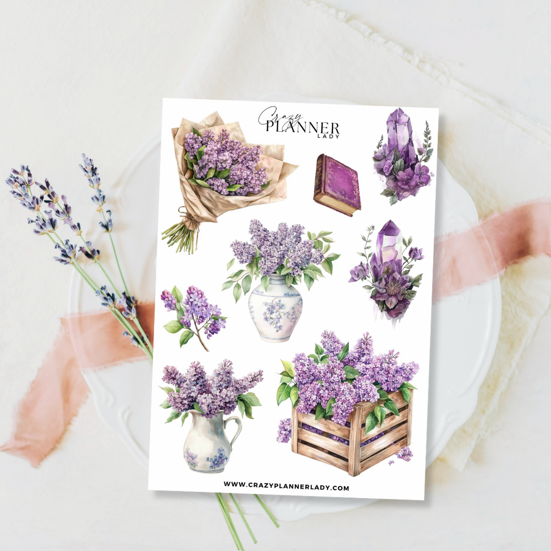 Dreamy Lilac Garden Sticker Sheet – Floral Girl Stickers in Soft Purple Tones