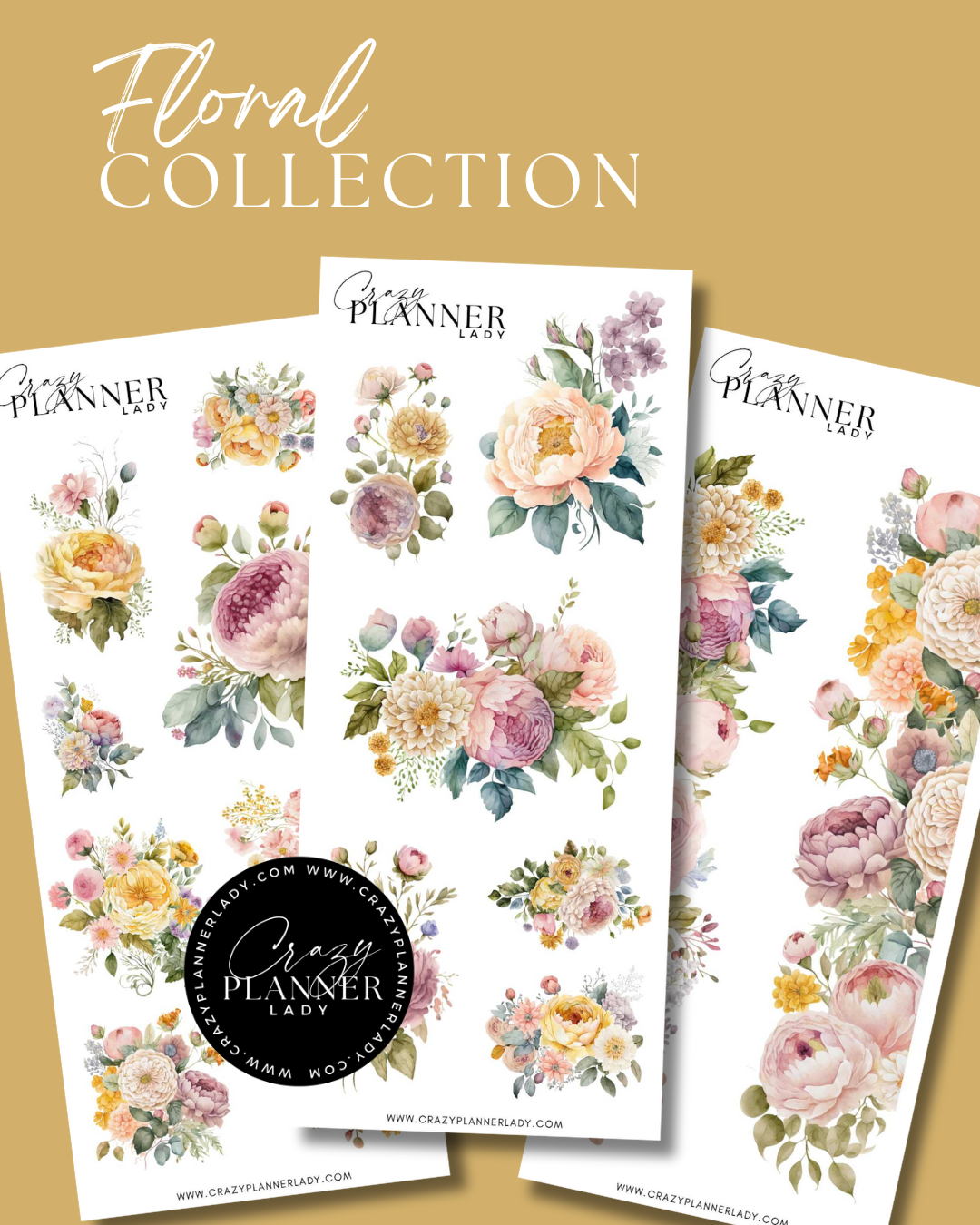 Three bright floral sticker sheets featuring colorful spring flowers in pink, yellow, and coral tones.