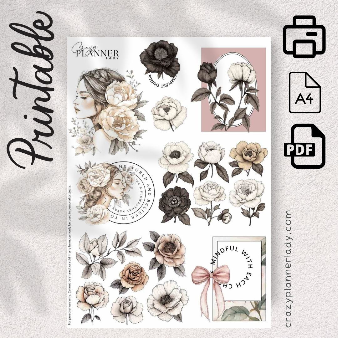 Vintage Florals Printable Sticker Sheet | A4 PDF