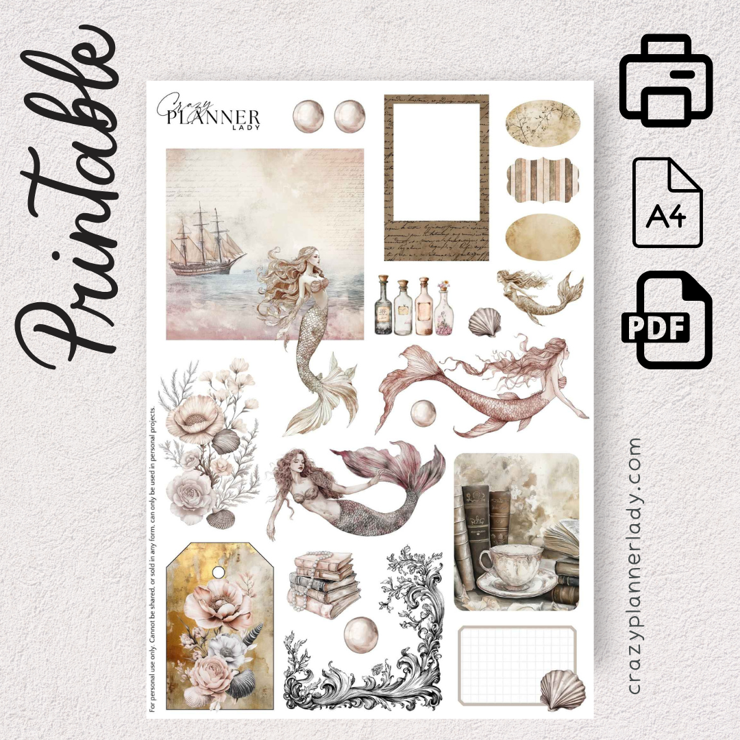 Mermaid Library Printable Sticker Sheet | A4 PDF