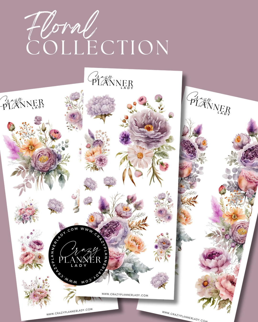 Sticker sheets with purple, plum, and peach flowers in a painterly sunset-inspired floral style.