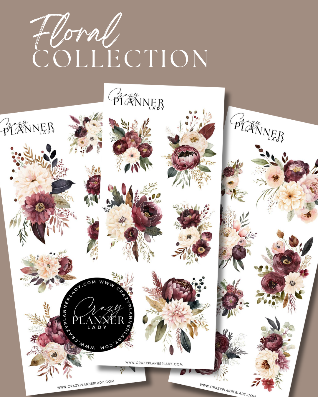 Three autumn-inspired floral sticker sheets with burgundy dahlias, blush roses, and fall foliage in rich colors.