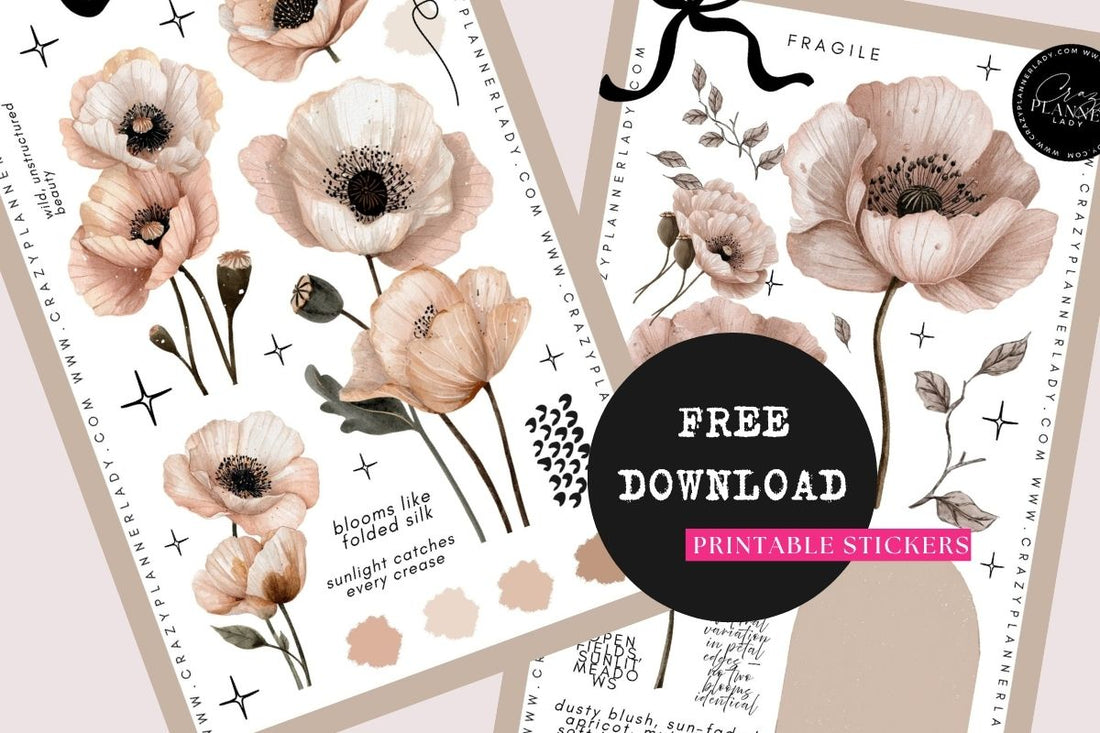 Free botanical printable sticker sheets featuring vintage poppy flowers for journaling, planners and junk journals.