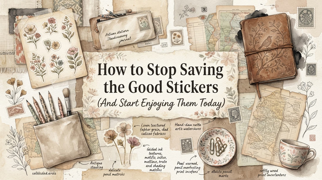 Woman journaling with botanical stickers and vintage stationery on a creative desk.