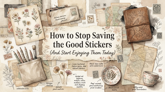 Woman journaling with botanical stickers and vintage stationery on a creative desk.