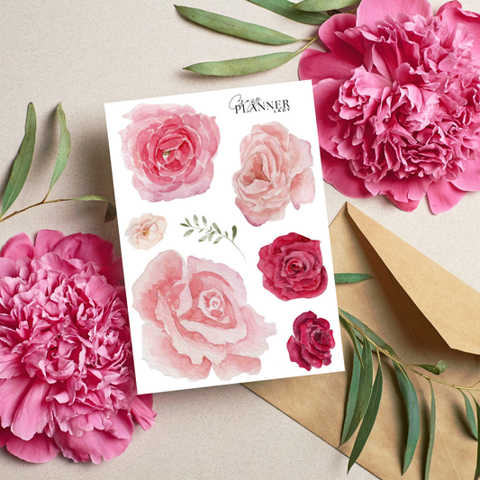 Sticker sheet with large pink peonies and roses for bold journaling decor