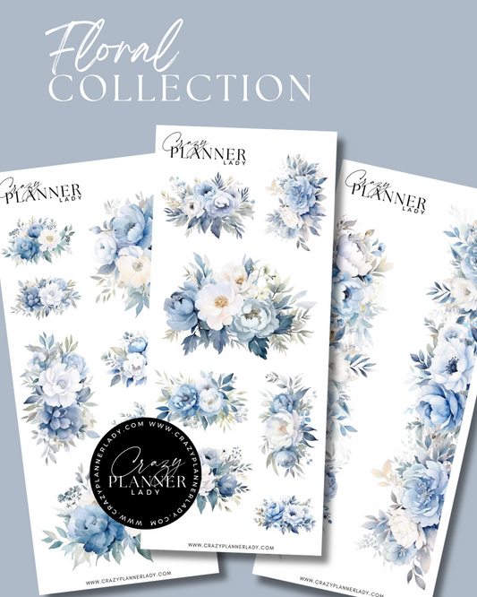Cool-toned floral stickers with blue and white flowers, perfect for winter or icy-themed journaling spreads.