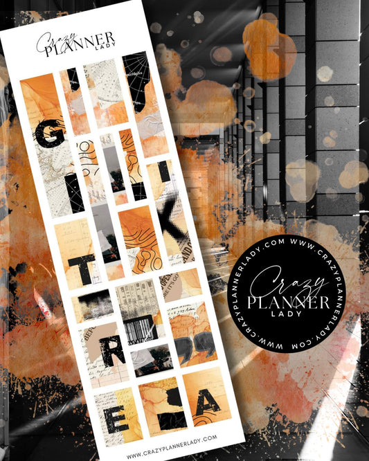 Golden toned autumn collage stickers for journaling and scrapbooking.