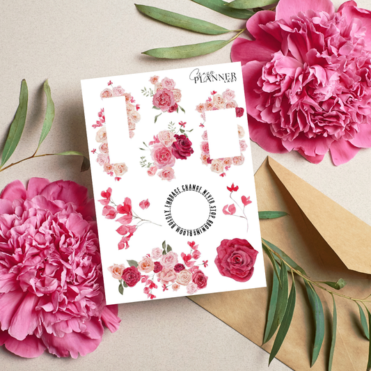 Neutral sticker sheet featuring vintage-style labels and subtle floral illustrations