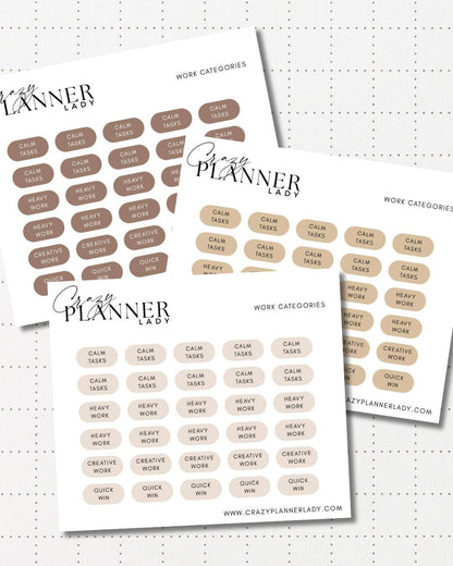Minimal Planner Stickers – Work Categories | Neutral Functional Stickers | 3x3.5” Matte Sheet
