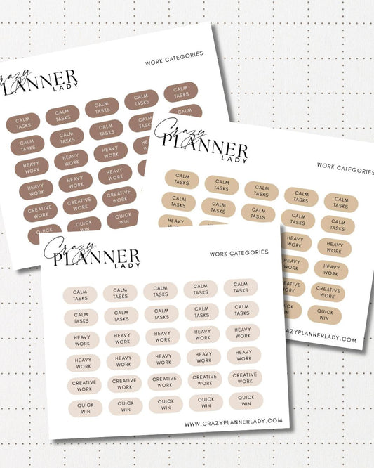 Minimal Planner Stickers – Work Categories | Neutral Functional Stickers | 3x3.5” Matte Sheet