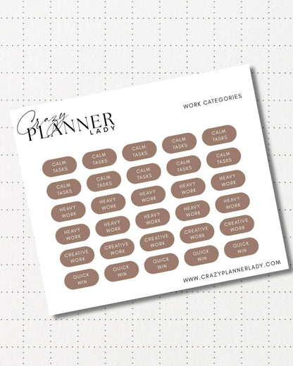 Minimal Planner Stickers – Work Categories | Neutral Functional Stickers | 3x3.5” Matte Sheet