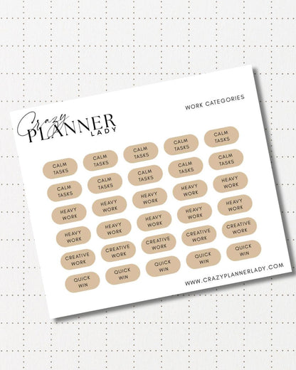 Minimal Planner Stickers – Work Categories | Neutral Functional Stickers | 3x3.5” Matte Sheet