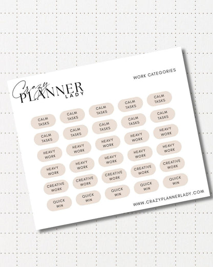 Minimal Planner Stickers – Work Categories | Neutral Functional Stickers | 3x3.5” Matte Sheet
