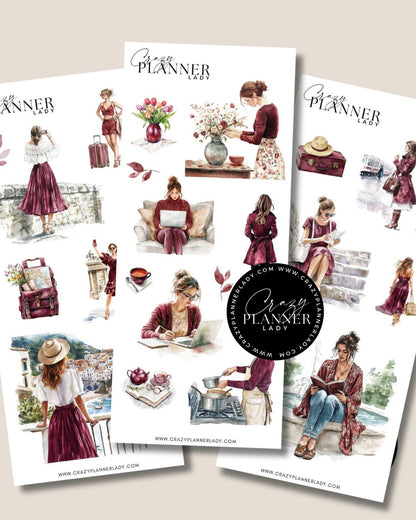 Burgandy Sticker Set – 3 Sticker Sheets for Bujo, Scrapbooks & DIY Crafts