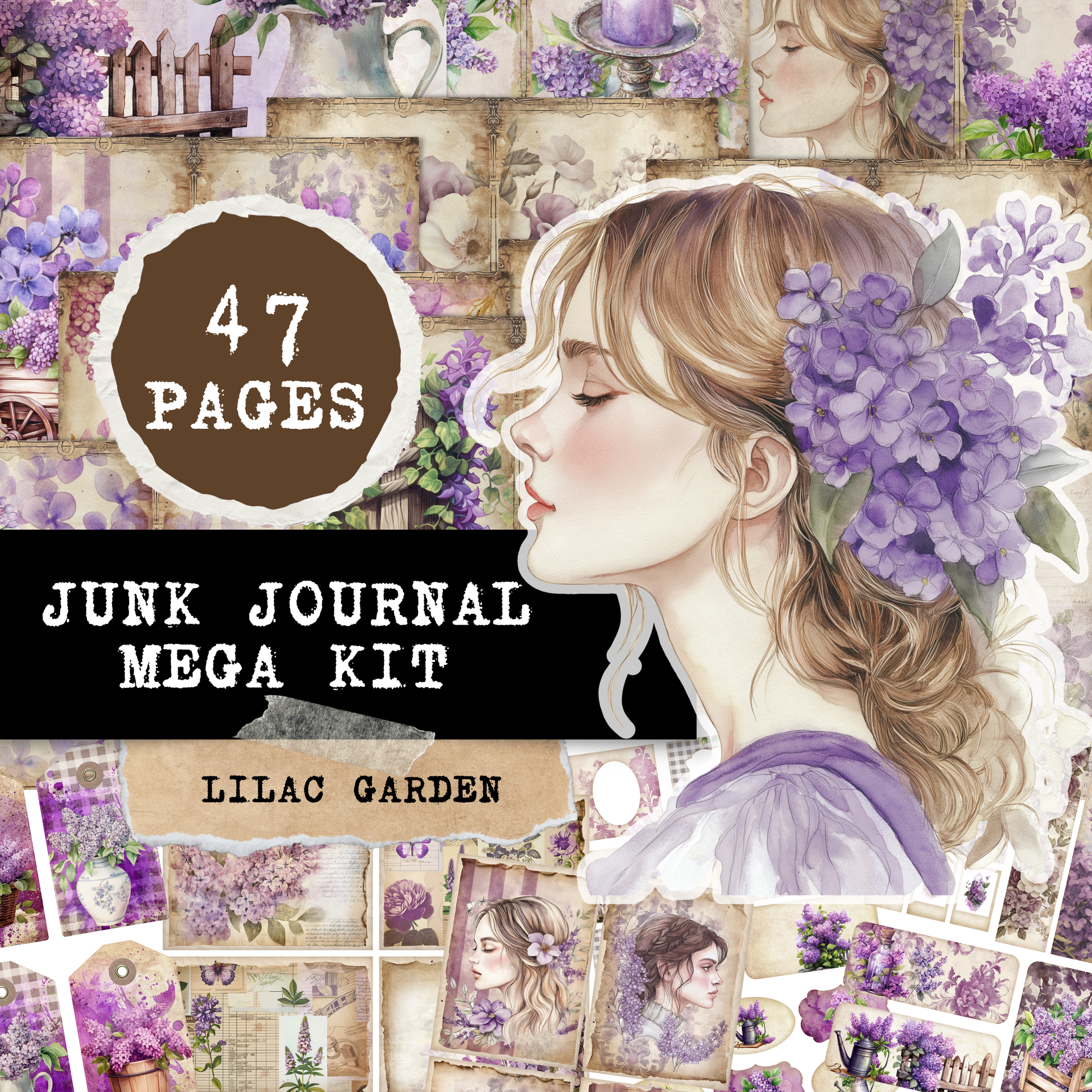 Printable Junk Journal Kit Lilac Garden Purple Floral Digital Download Vintage Ephemera Bundle Cards Tags Folio Pockets Envelopes Junk Journal Pages