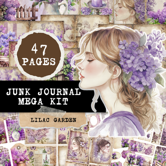 Printable Junk Journal Kit Lilac Garden Purple Floral Digital Download Vintage Ephemera Bundle Cards Tags Folio Pockets Envelopes Junk Journal Pages