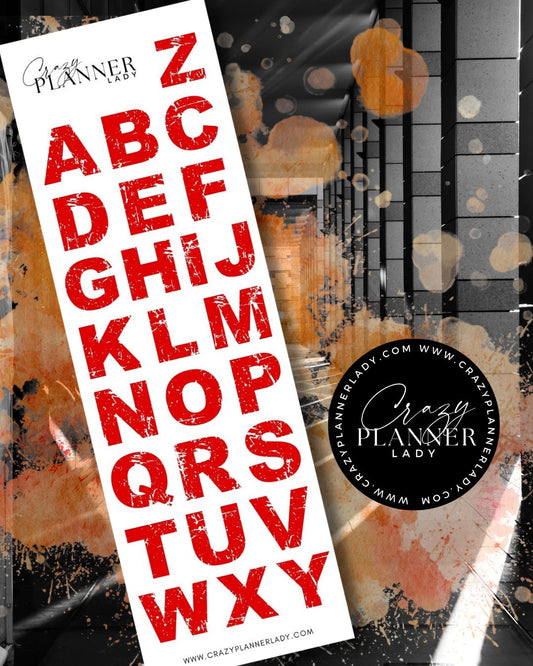 Red distressed alphabet sticker sheet for journaling and scrapbooking.