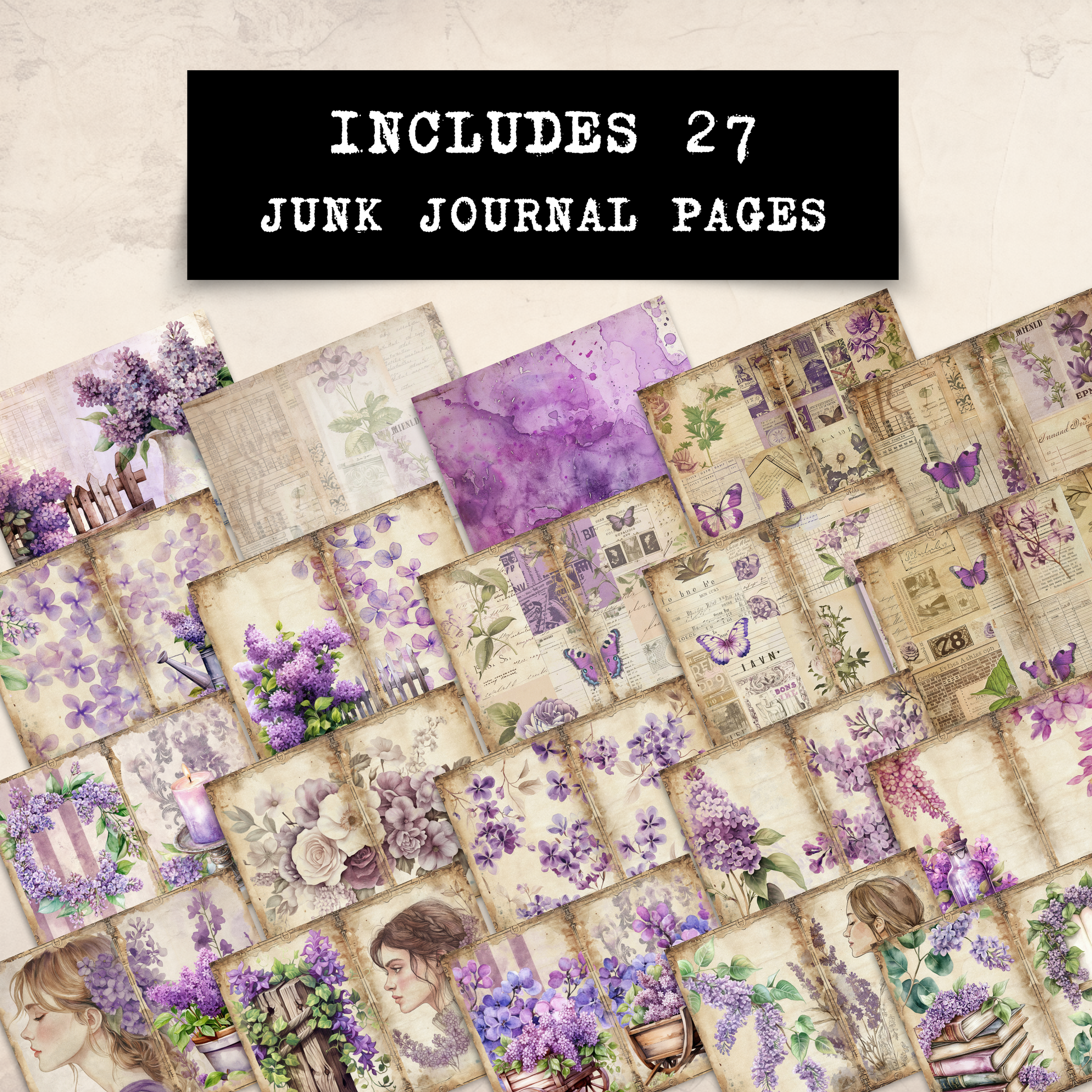 Printable Junk Journal Kit Lilac Garden Purple Floral Digital Download Vintage Ephemera Bundle Cards Tags Folio Pockets Envelopes Junk Journal Pages