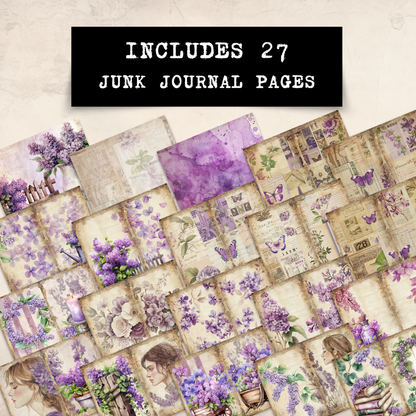 Printable Junk Journal Kit Lilac Garden Purple Floral Digital Download Vintage Ephemera Bundle Cards Tags Folio Pockets Envelopes Junk Journal Pages