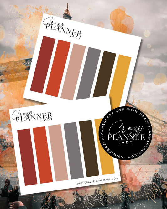 Mini fall sticker sheets set of 2 with autumn color swatches for journaling and planners.
