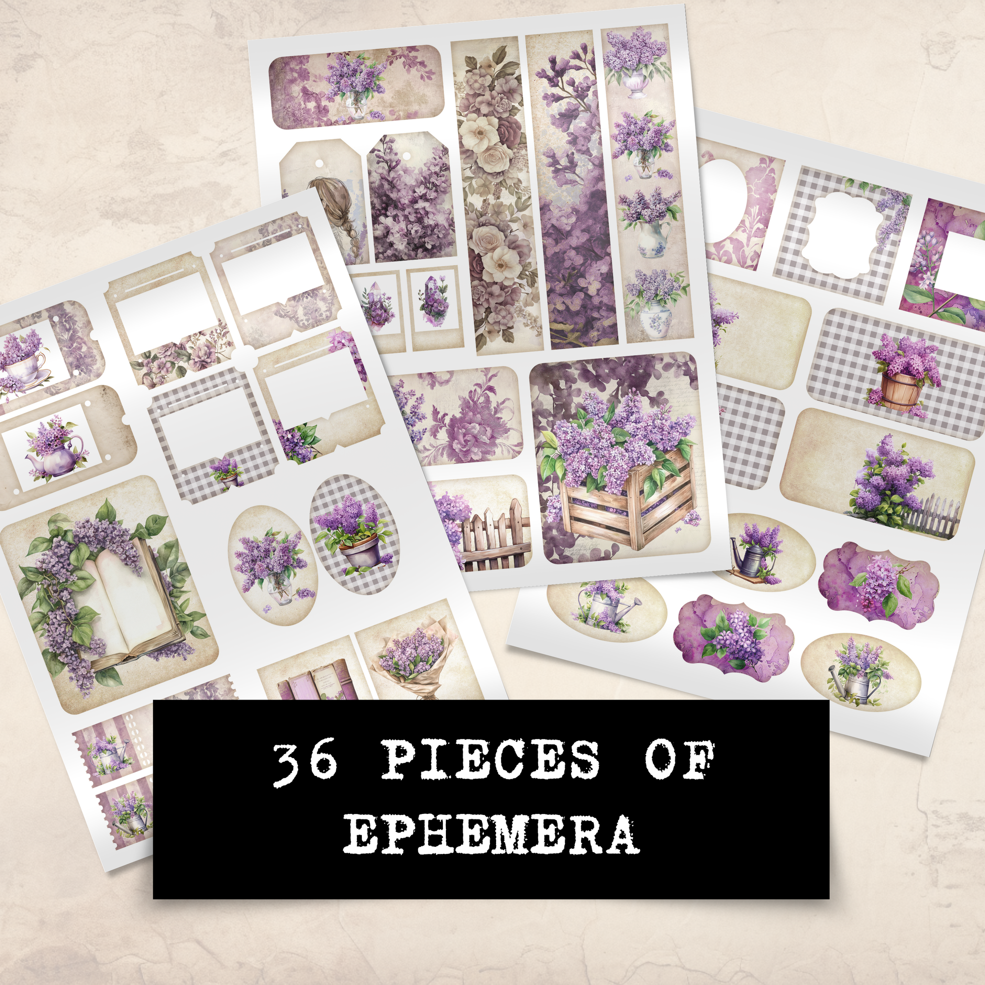Printable Junk Journal Kit Lilac Garden Purple Floral Digital Download Vintage Ephemera Bundle Cards Tags Folio Pockets Envelopes Junk Journal Pages
