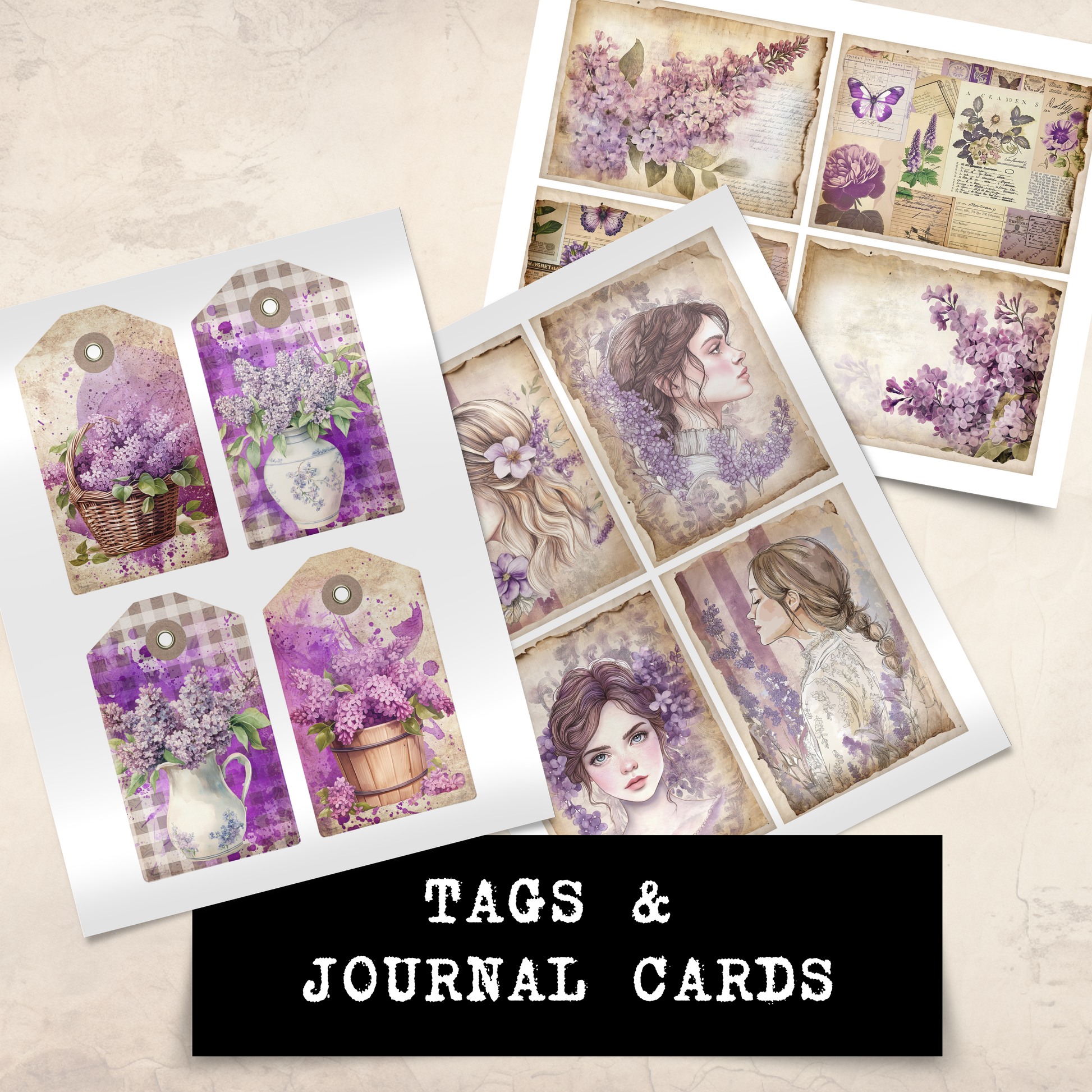Printable Junk Journal Kit Lilac Garden Purple Floral Digital Download Vintage Ephemera Bundle Cards Tags Folio Pockets Envelopes Junk Journal Pages