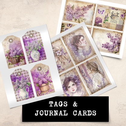 Printable Junk Journal Kit Lilac Garden Purple Floral Digital Download Vintage Ephemera Bundle Cards Tags Folio Pockets Envelopes Junk Journal Pages