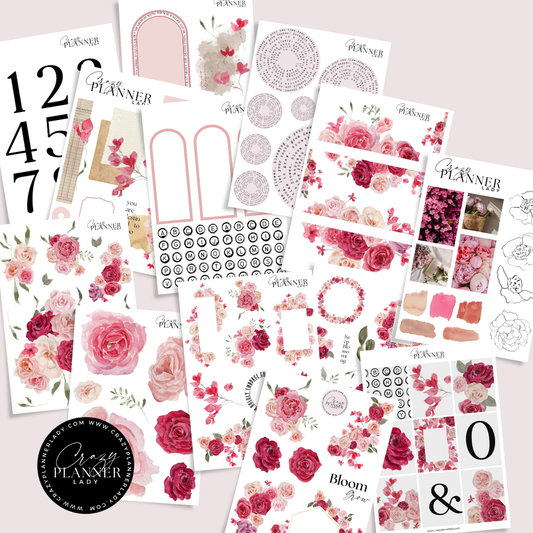 Vintage pink floral journaling sticker set with romantic roses, ephemera pieces, and vintage scrapbook labels