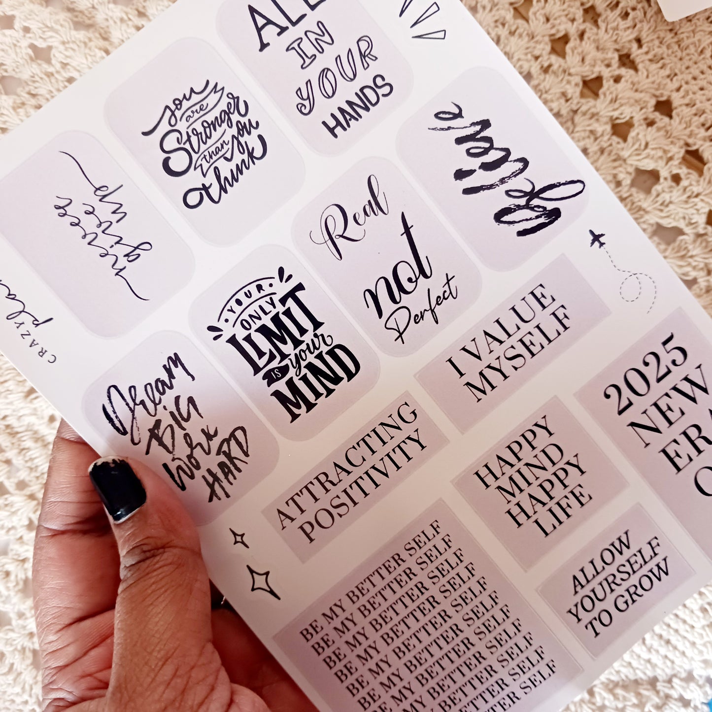 Aesthetic quotes sticker sheet A5, motivational journaling stickers, black and white typography stickers, planner stickers for scrapbooking, inspirational stickers for bullet journals