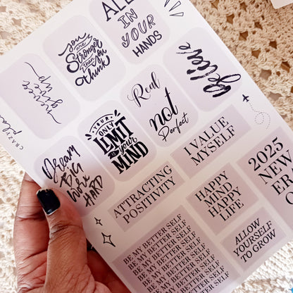 Aesthetic quotes sticker sheet A5, motivational journaling stickers, black and white typography stickers, planner stickers for scrapbooking, inspirational stickers for bullet journals