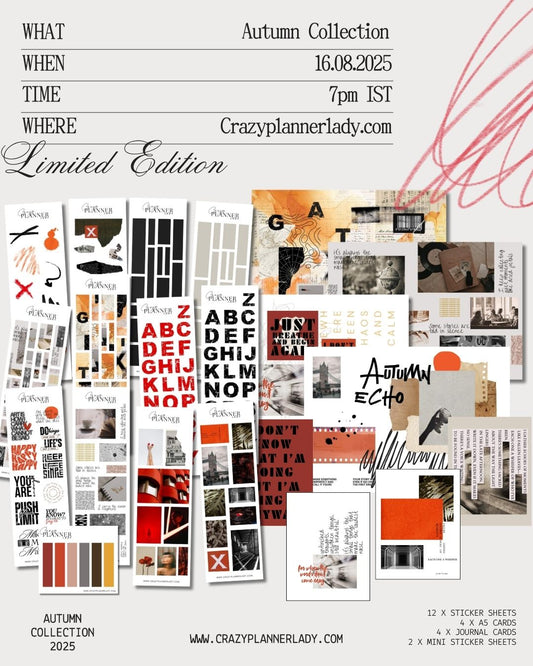 Autumn stationery bundle with fall sticker sheets, journaling papers, and mini stickers for planners and scrapbooks.