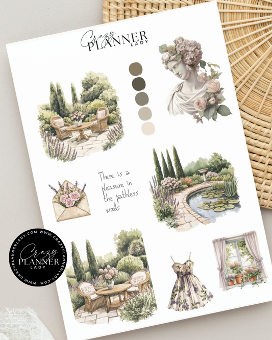 Sticker sheet with tea table, garden path, dress form, and pastel color swatches in a vintage countryside style