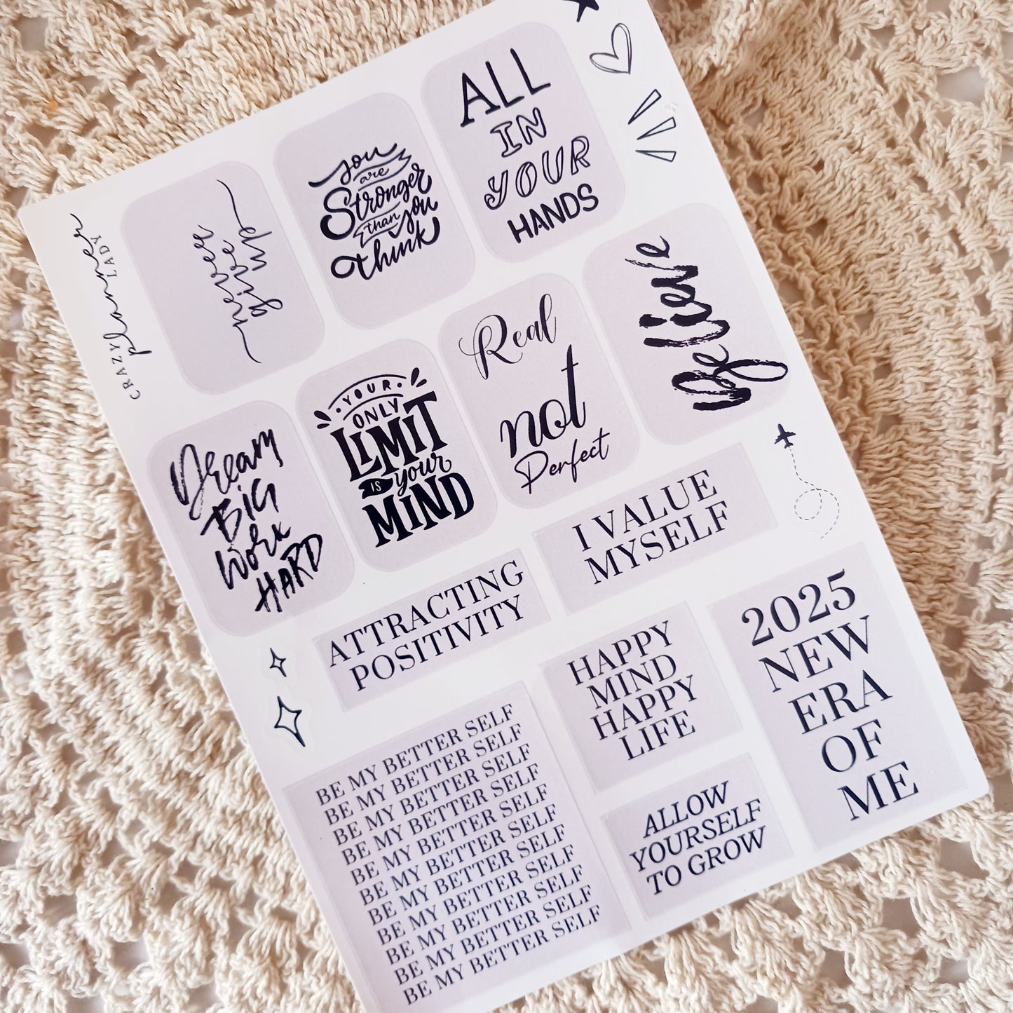 Aesthetic quotes sticker sheet A5, motivational journaling stickers, black and white typography stickers, planner stickers for scrapbooking, inspirational stickers for bullet journals