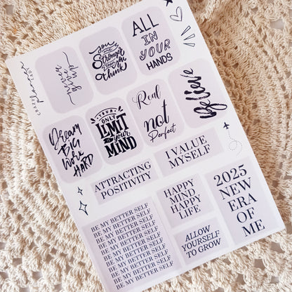 Aesthetic quotes sticker sheet A5, motivational journaling stickers, black and white typography stickers, planner stickers for scrapbooking, inspirational stickers for bullet journals