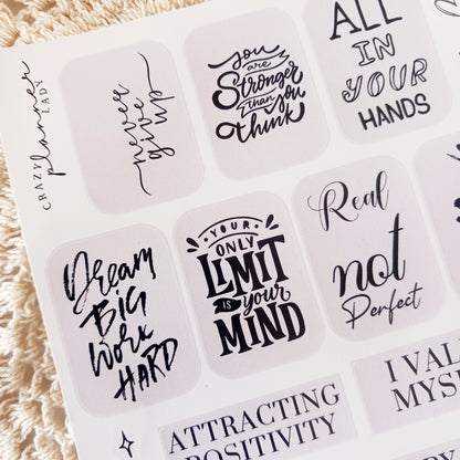 Aesthetic quotes sticker sheet A5, motivational journaling stickers, black and white typography stickers, planner stickers for scrapbooking, inspirational stickers for bullet journals