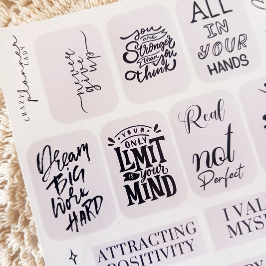 Aesthetic quotes sticker sheet A5, motivational journaling stickers, black and white typography stickers, planner stickers for scrapbooking, inspirational stickers for bullet journals