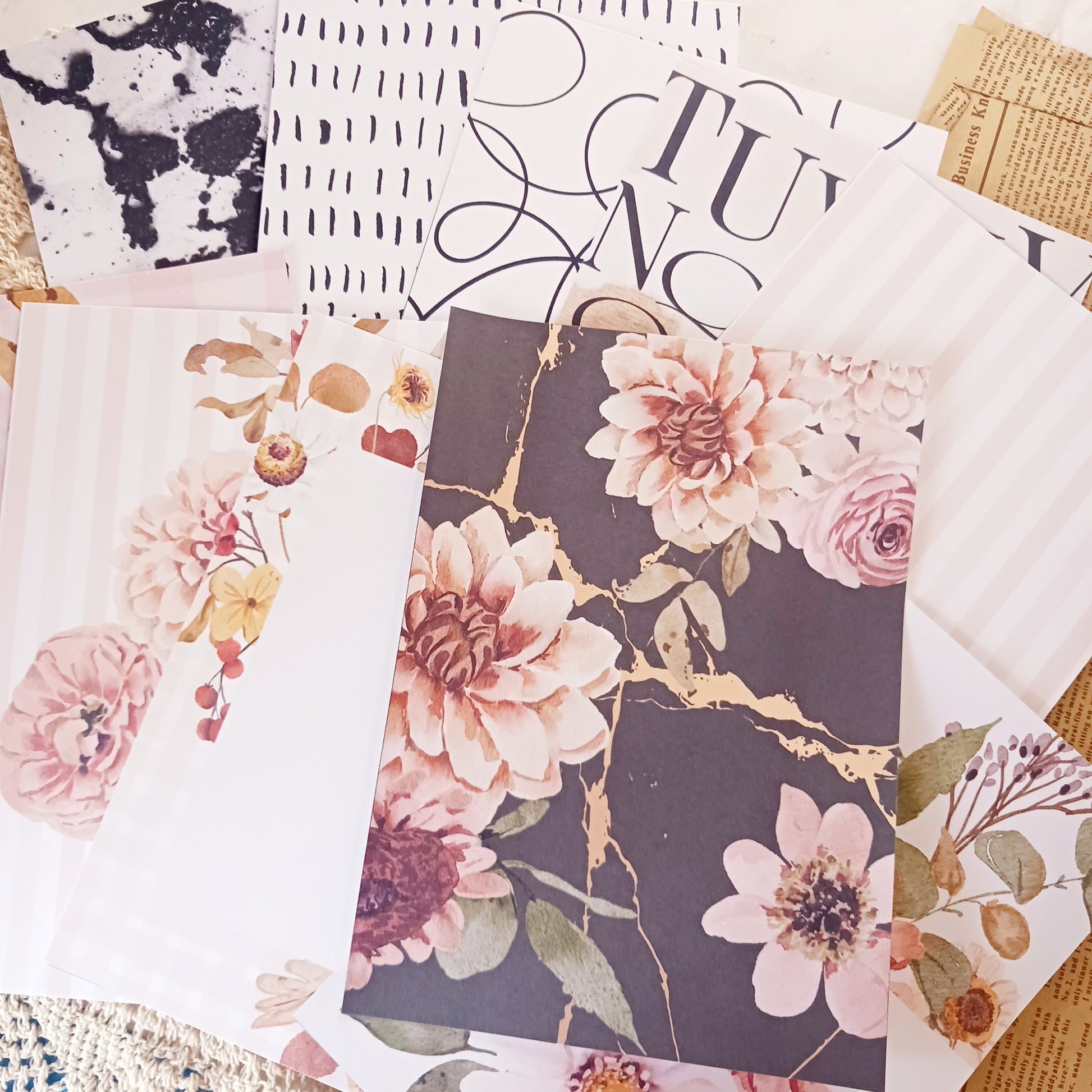 A5 decorative paper pack, vintage scrapbooking paper, floral journaling sheets, aesthetic paper set for planners, junk journal background papers
