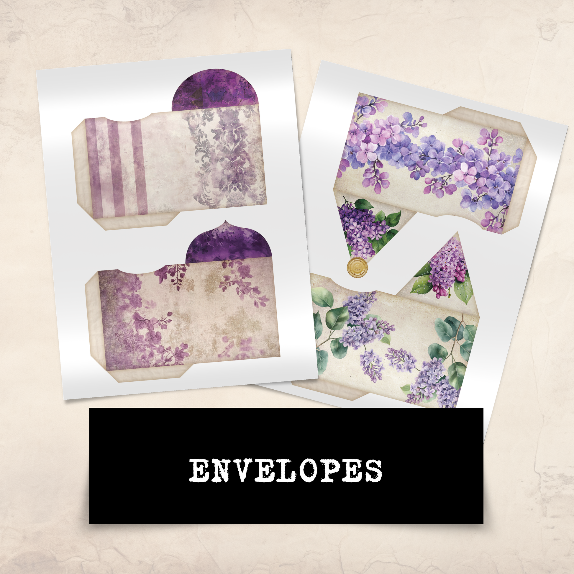 Printable Junk Journal Kit Lilac Garden Purple Floral Digital Download Vintage Ephemera Bundle Cards Tags Folio Pockets Envelopes Junk Journal Pages