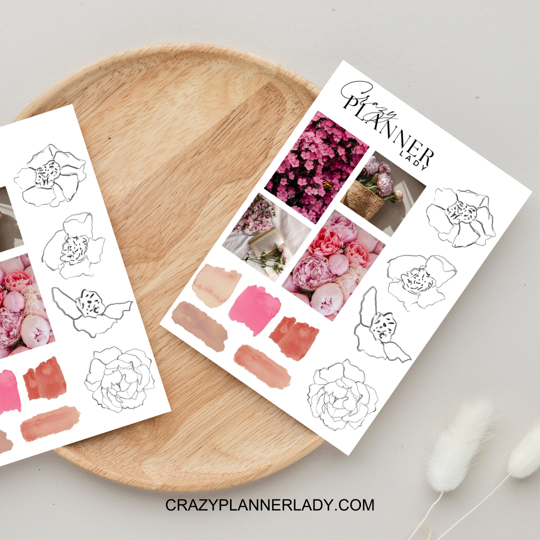 Pink floral watercolor stickers with peonies and blossoms in a soft artistic style