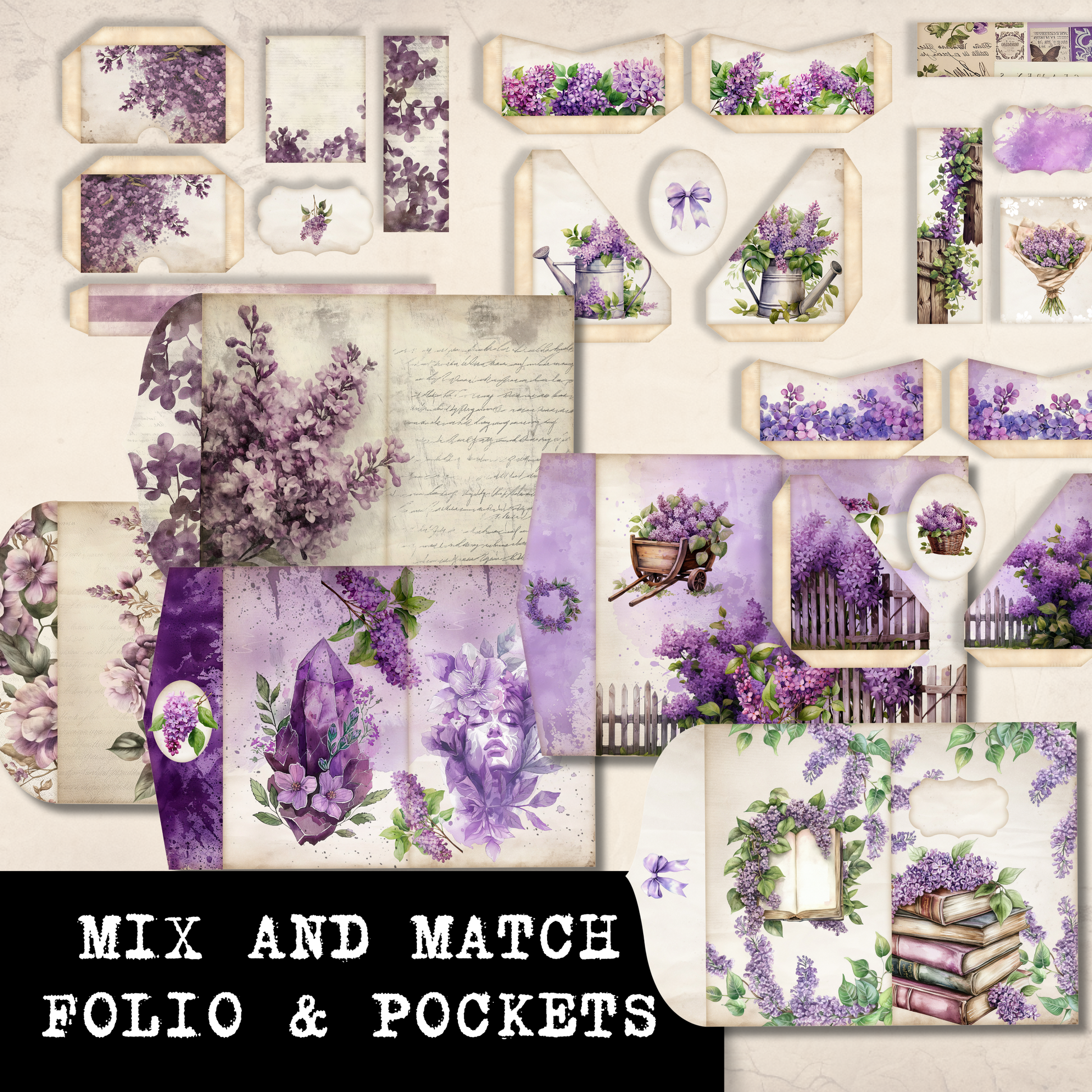 Printable Junk Journal Kit Lilac Garden Purple Floral Digital Download Vintage Ephemera Bundle Cards Tags Folio Pockets Envelopes Junk Journal Pages